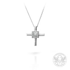 Унисекс кръст в бяло злато с централен Princess cut диамант и странични брилянти